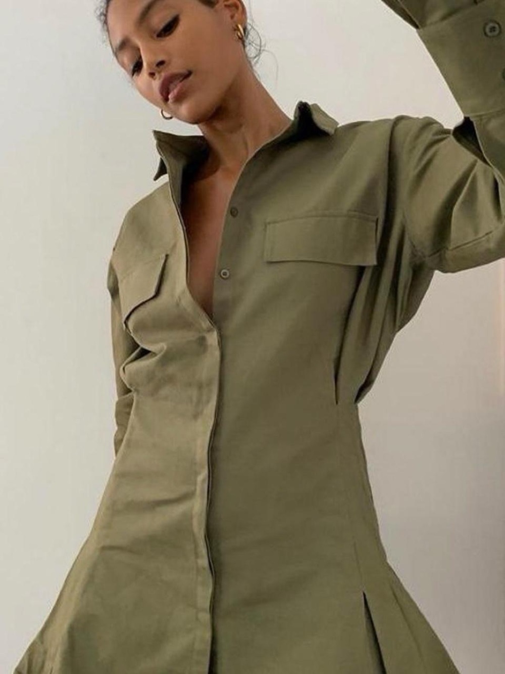 Lioness Olive Green Long Sleeve Button-Down Dress